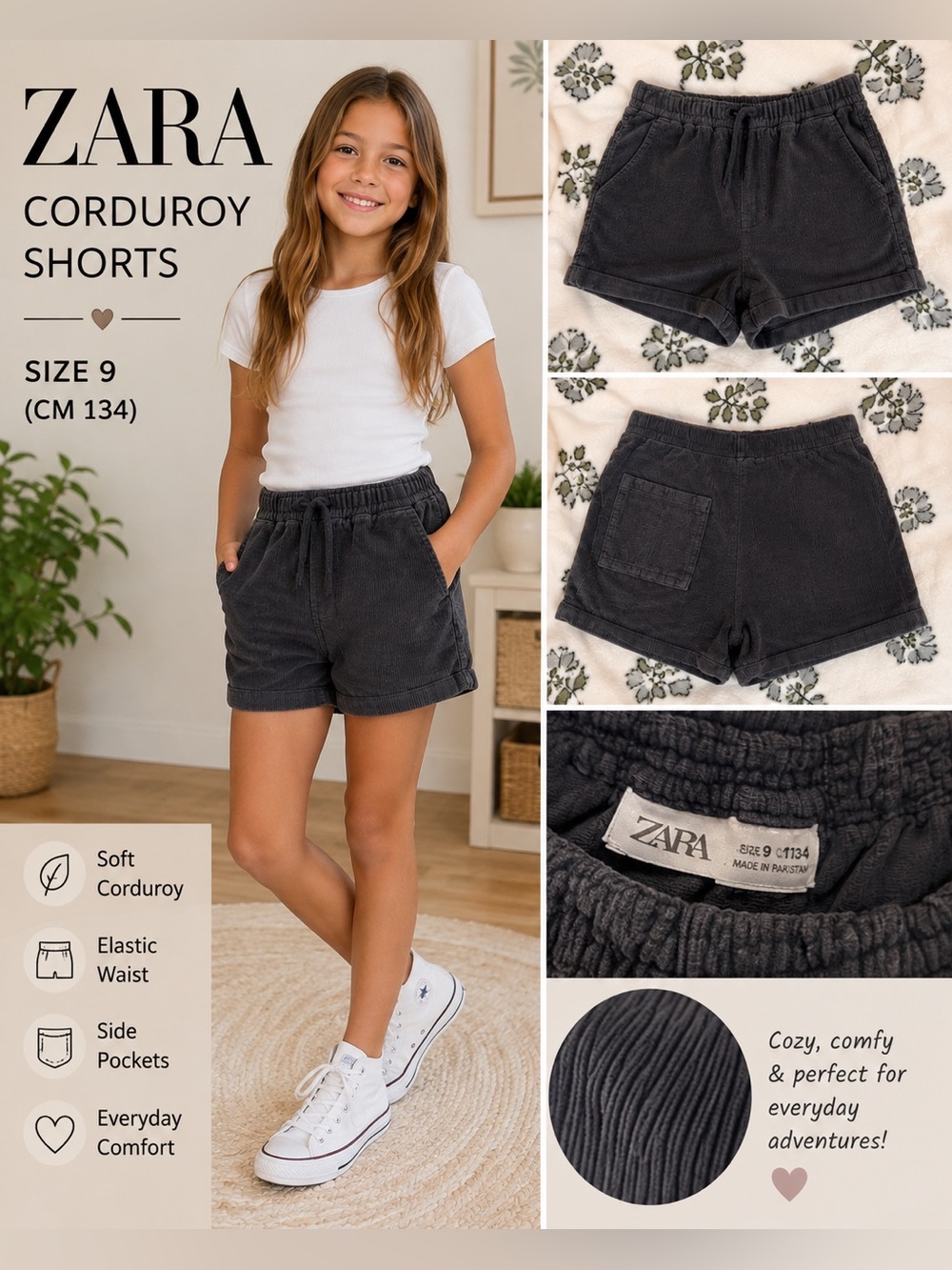 ZARA | Girls | Charcoal 🩶 | Corduroy Shorts | Size 9 | 134cm